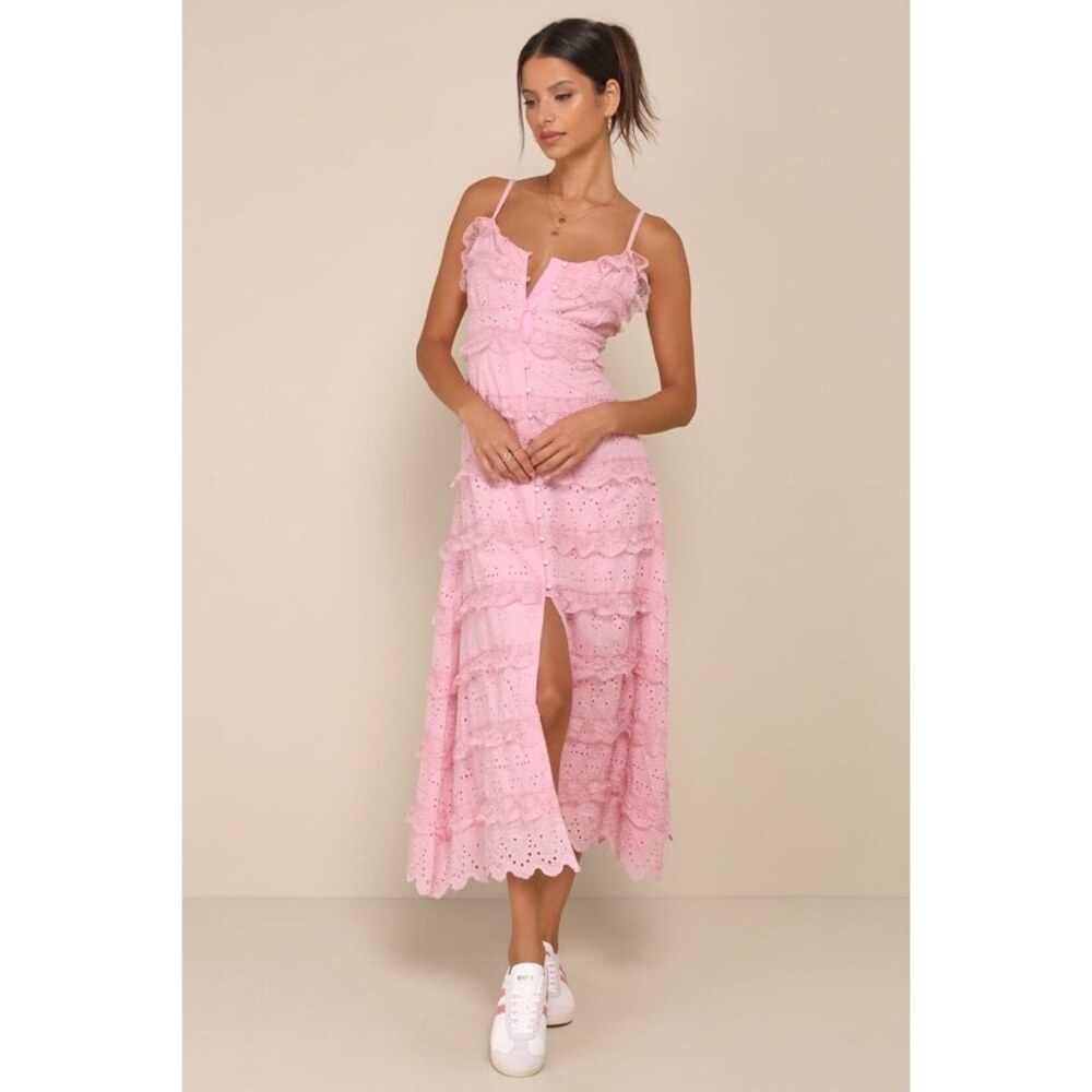 NWT Lulus Delightful Cuteness Pink Lace Ruffled Button-up Maxi Dress - Size XL